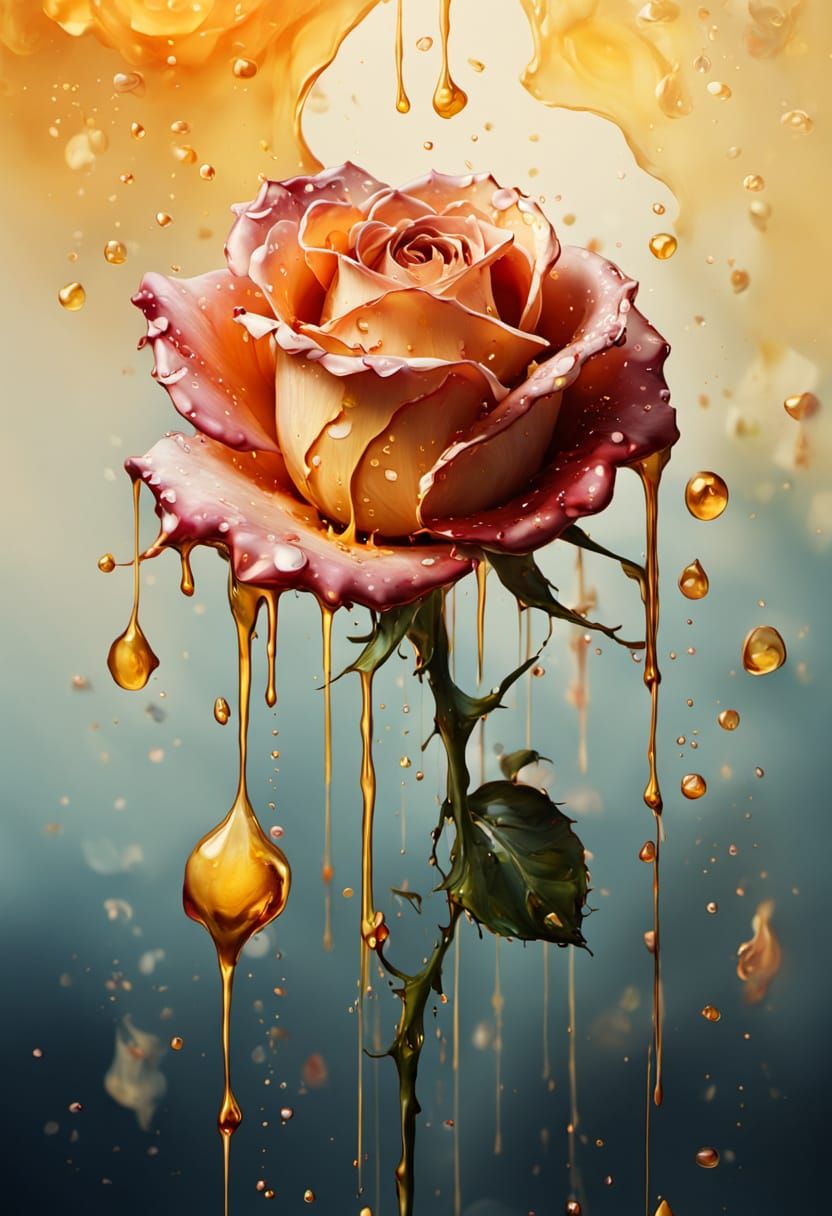 Dreamlike Oil Painting of Paint Droplets on a Rose