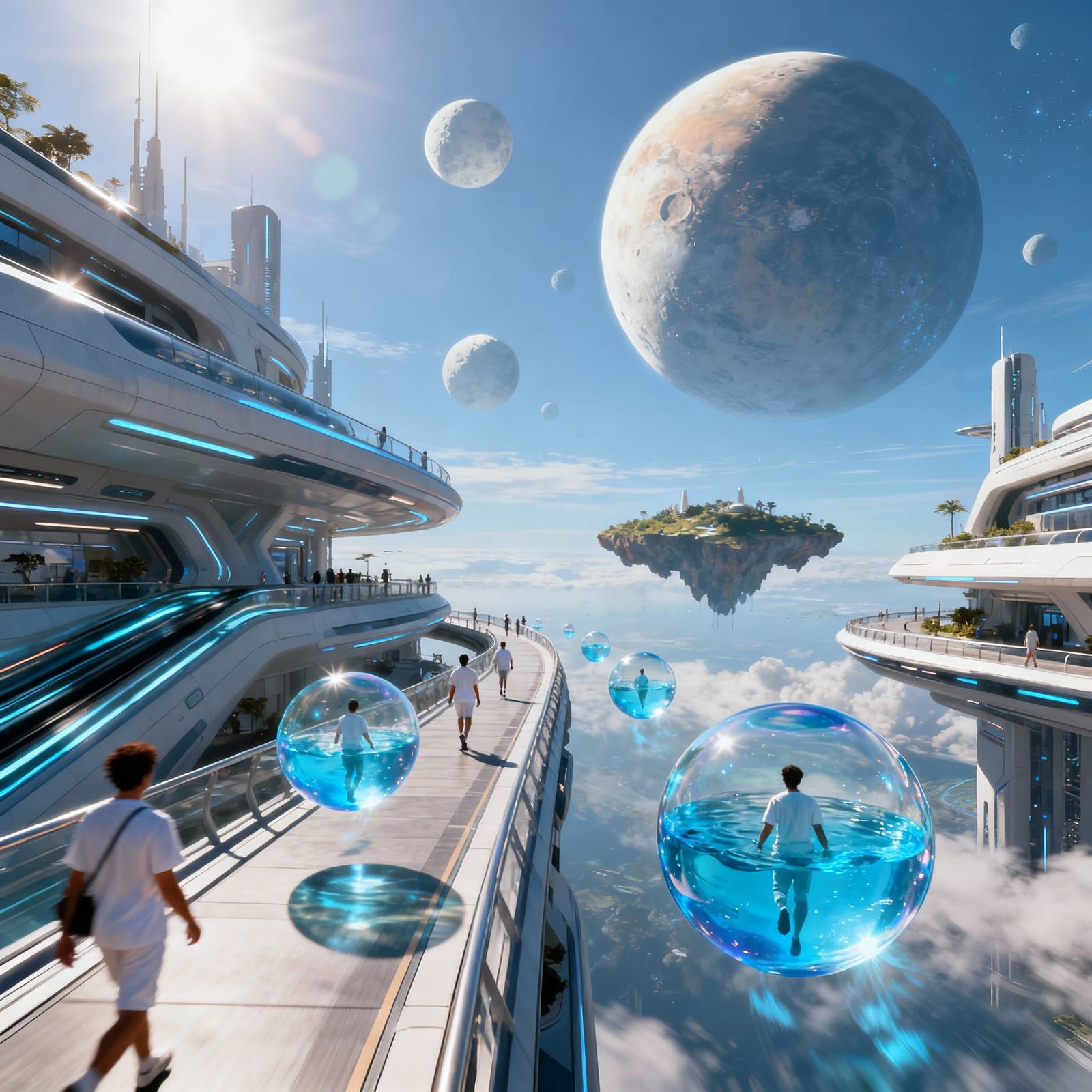 Futuristic Alien City with Water Bubbles and Floating Island