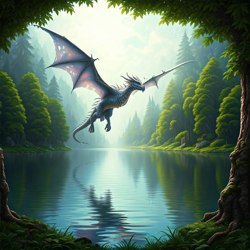 Majestic Silver Dragon Soaring Over Serene Lake