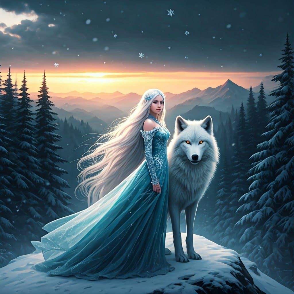Girl and White Wolf Stand Together on Misty Mountain Peak at...
