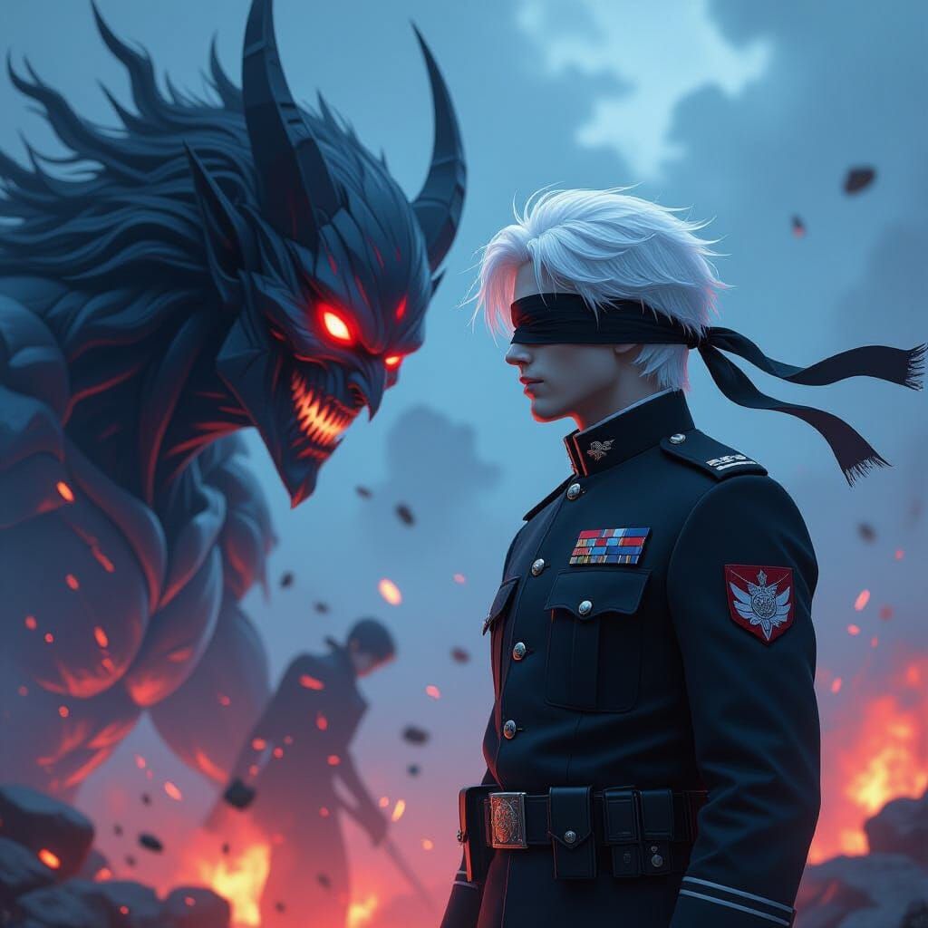 Anime Battle: Blind Swordsman vs. Demonic Figure