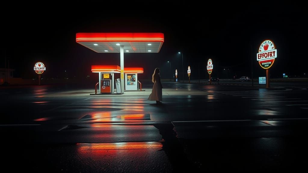 Lone Figure in Ominous Neon Night