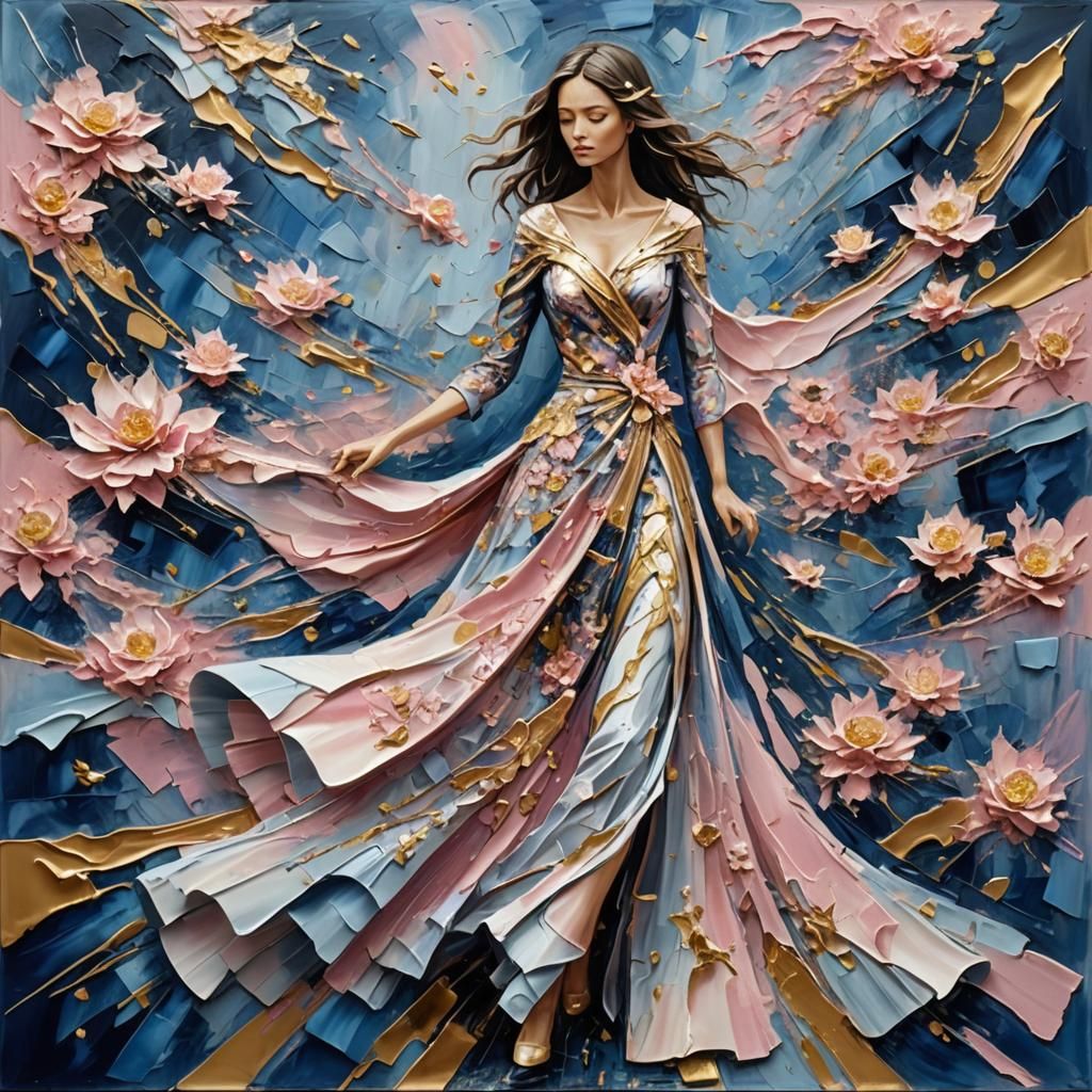 Dream Wanderer in Flowing Dress: Impasto Painting