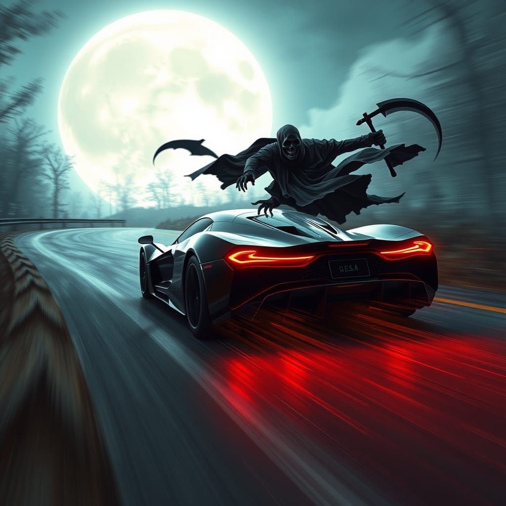 Grim Reaper Pursues Supercar on Moonlit Road
