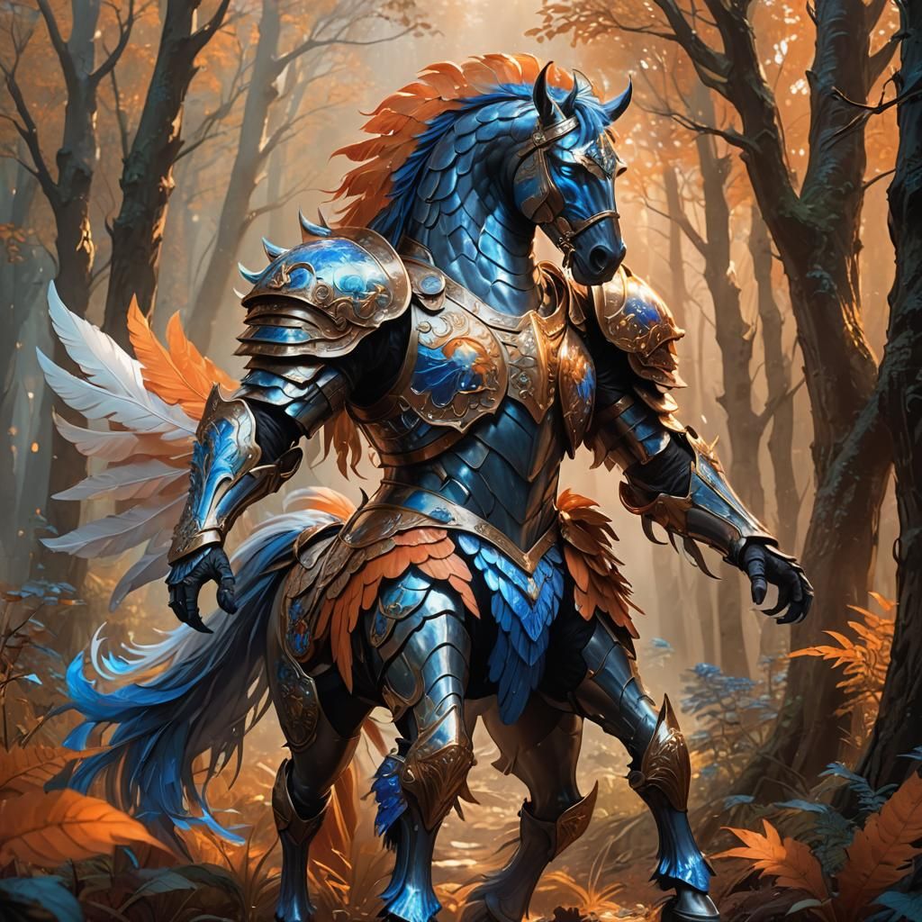 Armored Horse Prancing in Mystical Orange Forest
