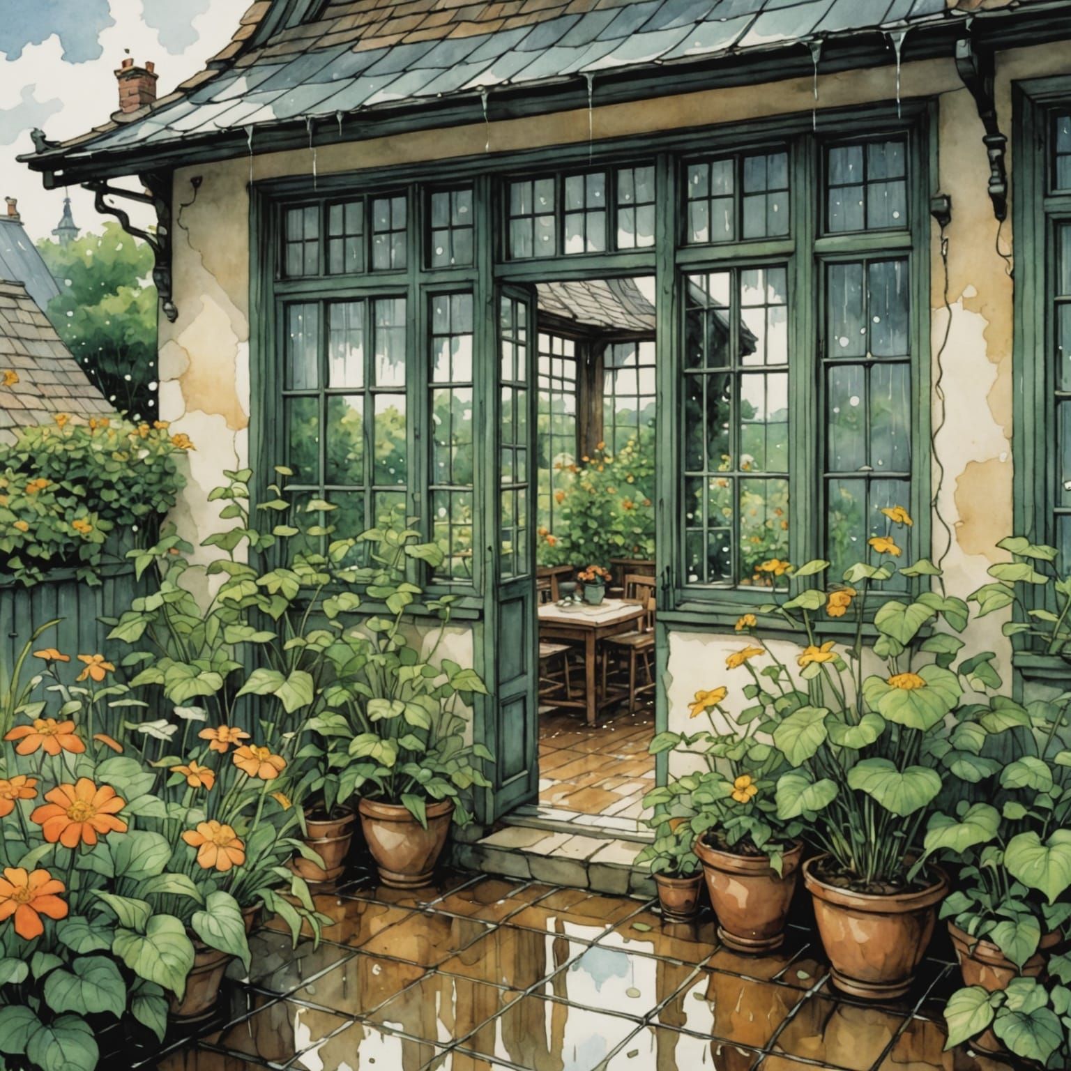 Rainy Summer Garden: Watercolor Anime Art