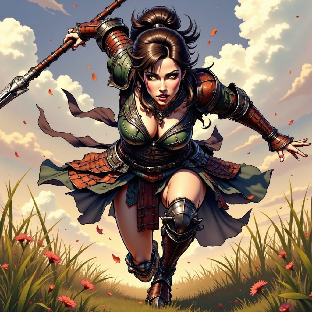 Female Samurai Warrior Charges Across Field in Anime Style
