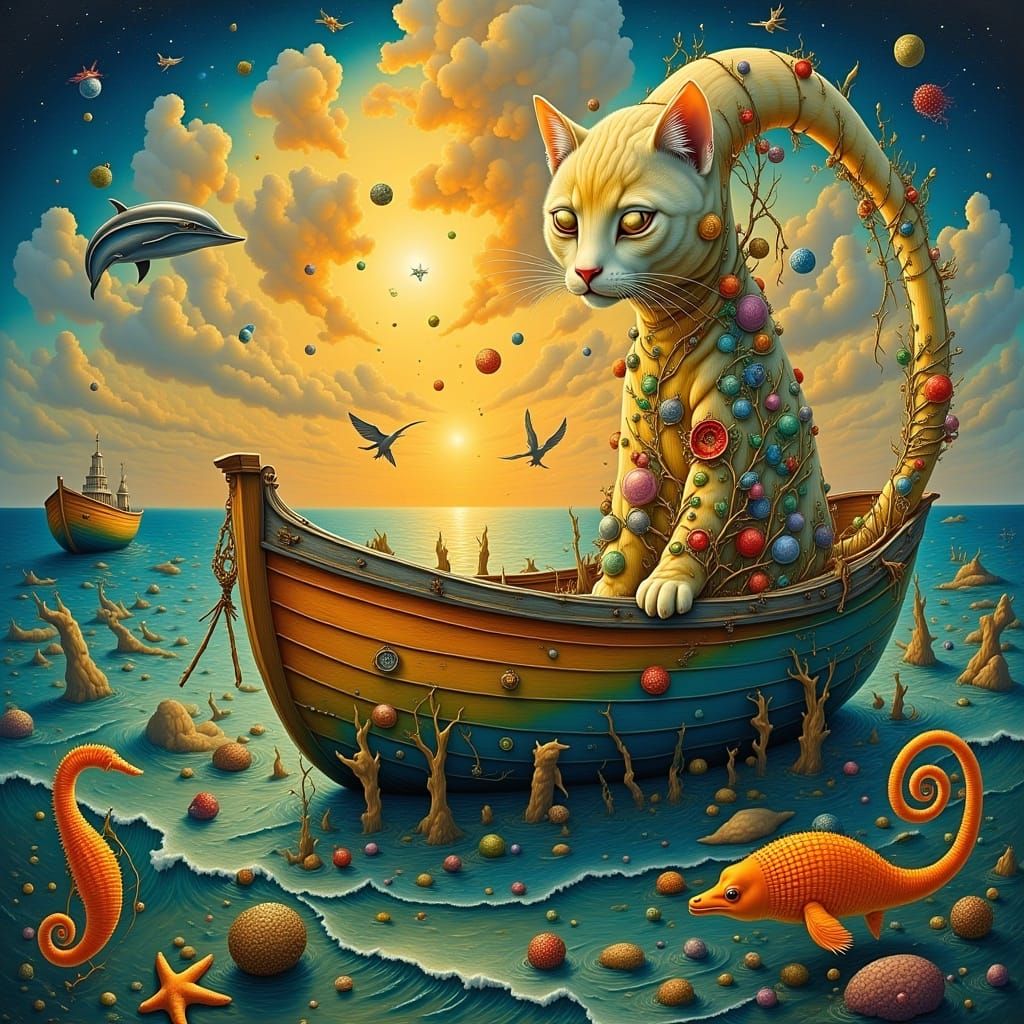 Surreal Seaside Scene with a Majestic Cat