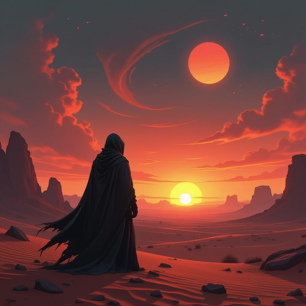 Binary Sunset Over Alien Desert in Synthwave Style