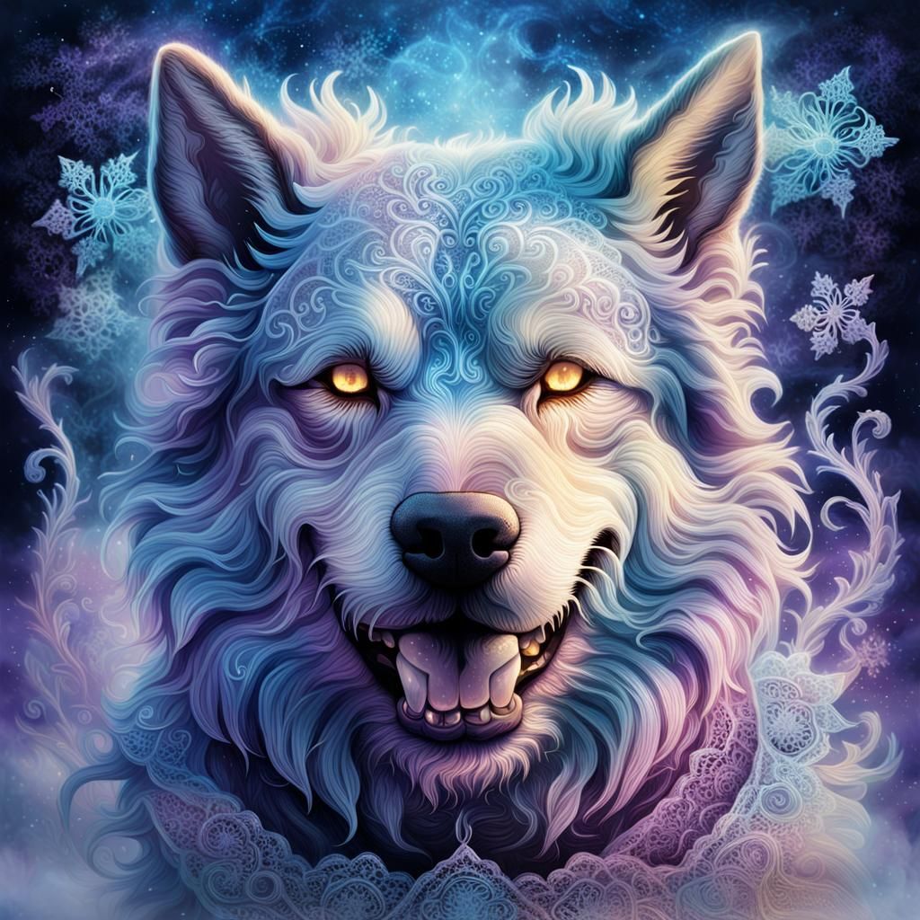 Smiling Cerberus in Mystical Pastel Fantasy Art
