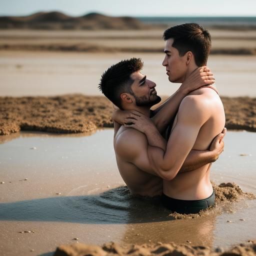 Men Kissing and Sinking in Quicksand: Photography