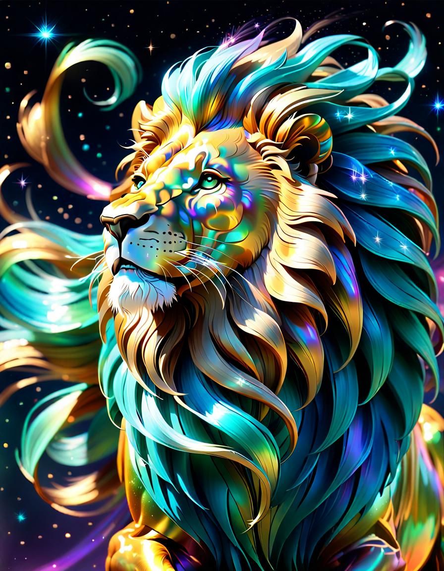 Iridescent Lion with Flowing Mane: 3D Digital Art