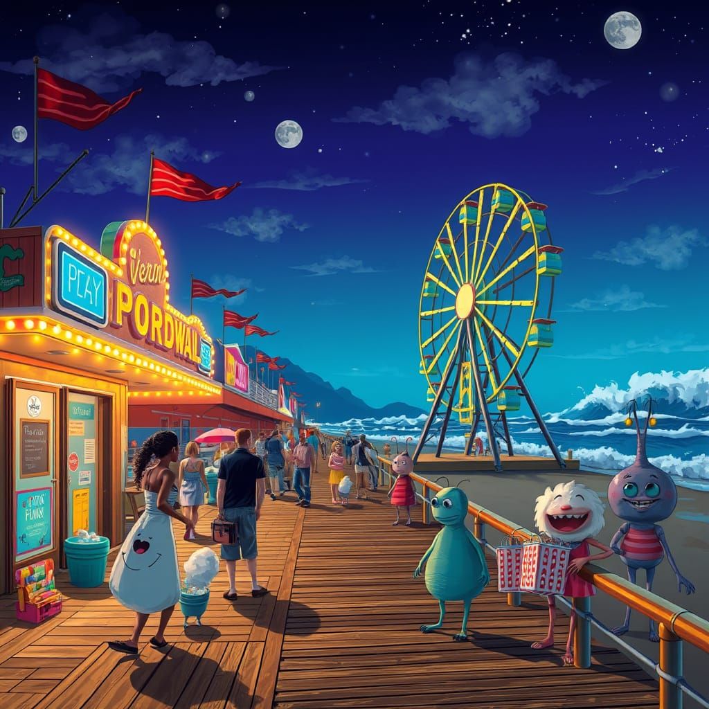 Otherworldly Beings Populate Whimsical Boardwalk Scene