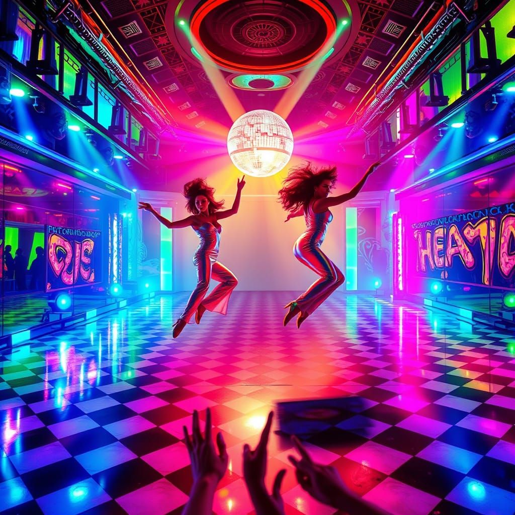 Glamorous Disco Hall with Kaleidoscopic Mirrors and Flashing...