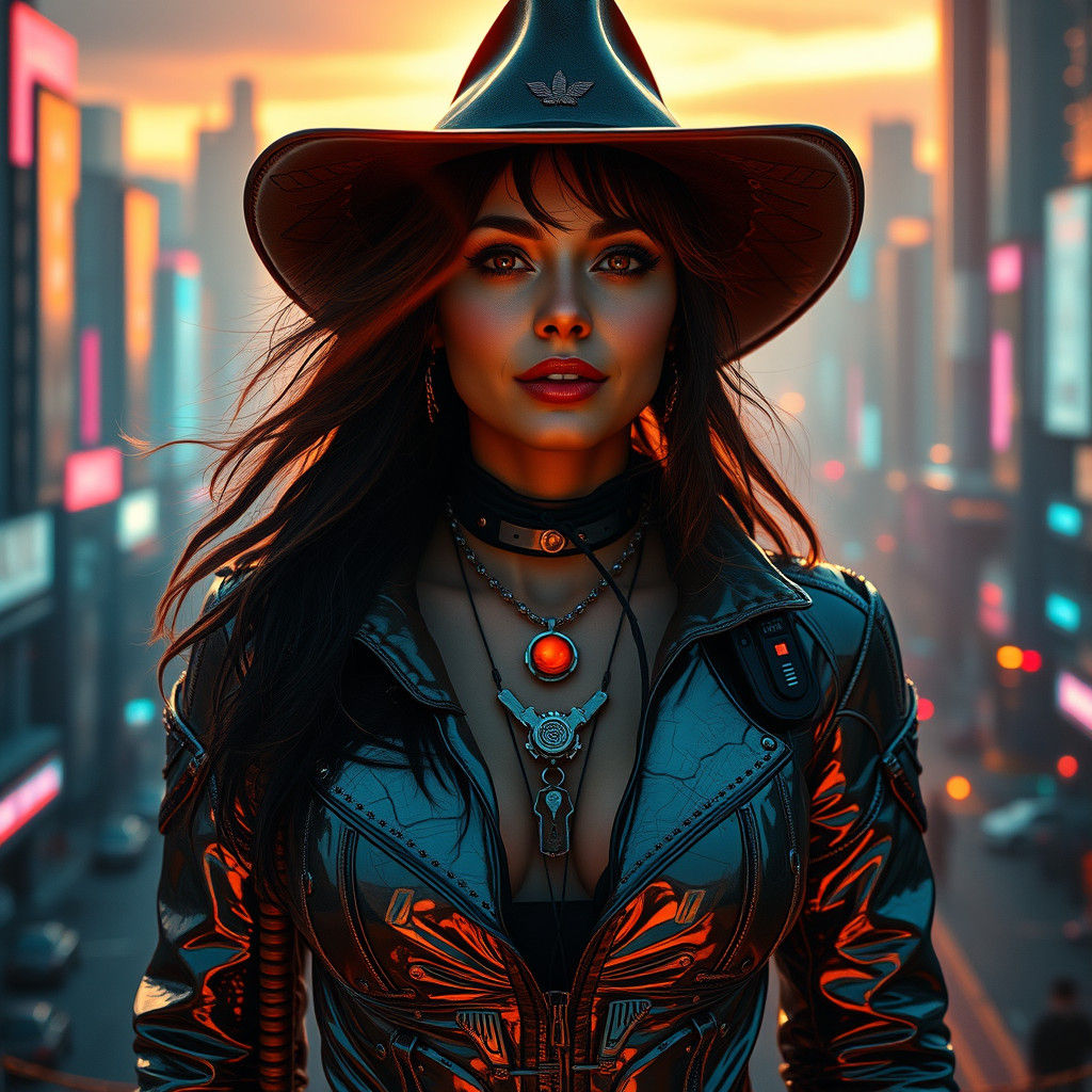 Christmapunk Outlaw in Futuristic City at Sunrise