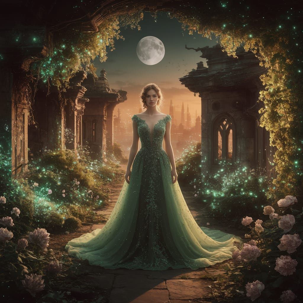 Woman in Green Dress in Bioluminescent Garden