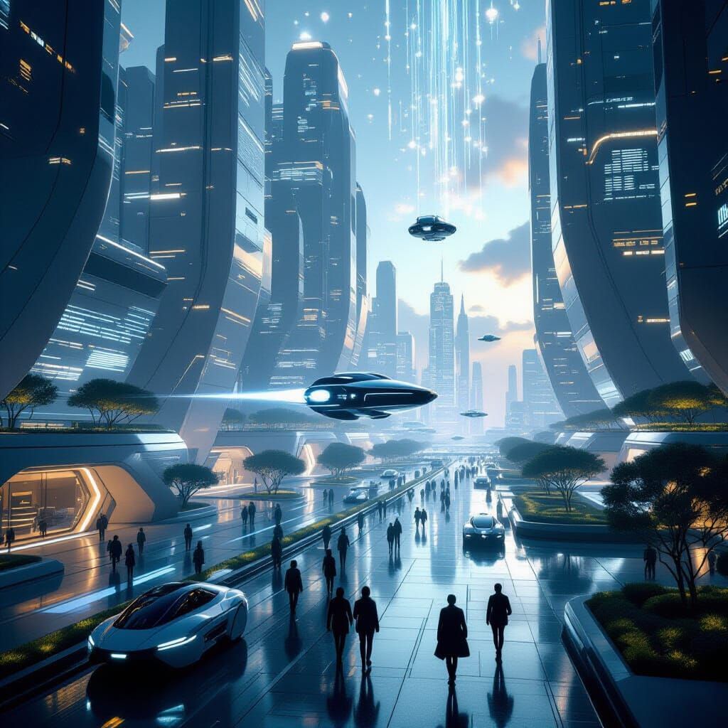 Futuristic Cityscape with Monumental Glowing Structures