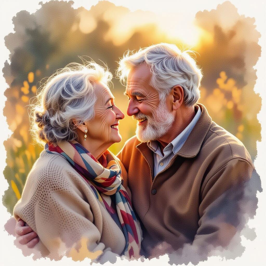 Elderly Couple's Golden Hour Love Portrait