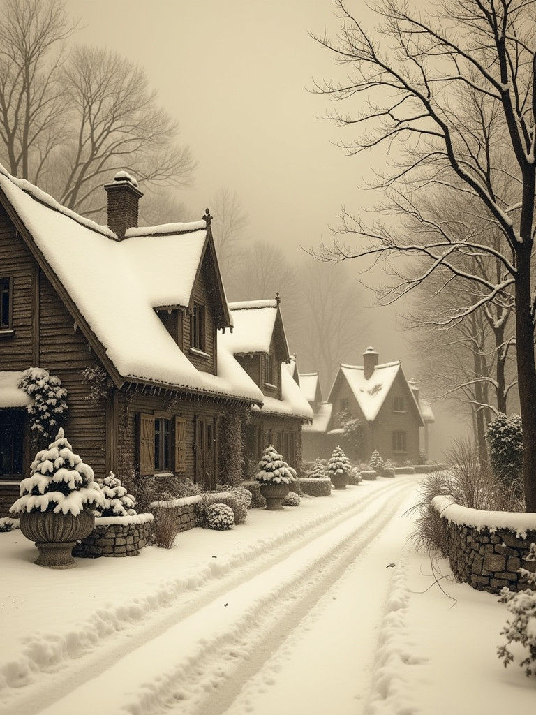 Vintage Sepia Christmas Postcard of Snow Village