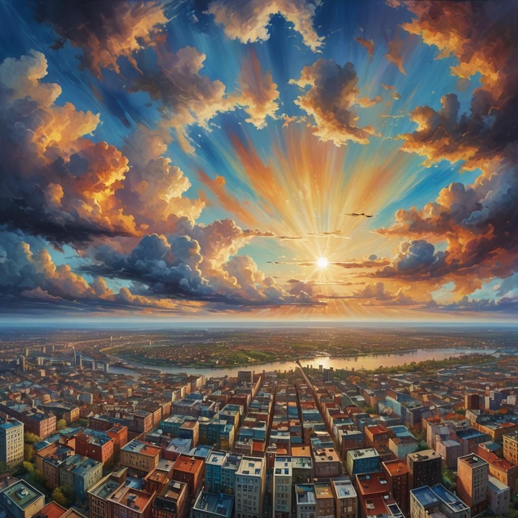 Majestic Eye Over Cityscape in Surreal Oil Painting