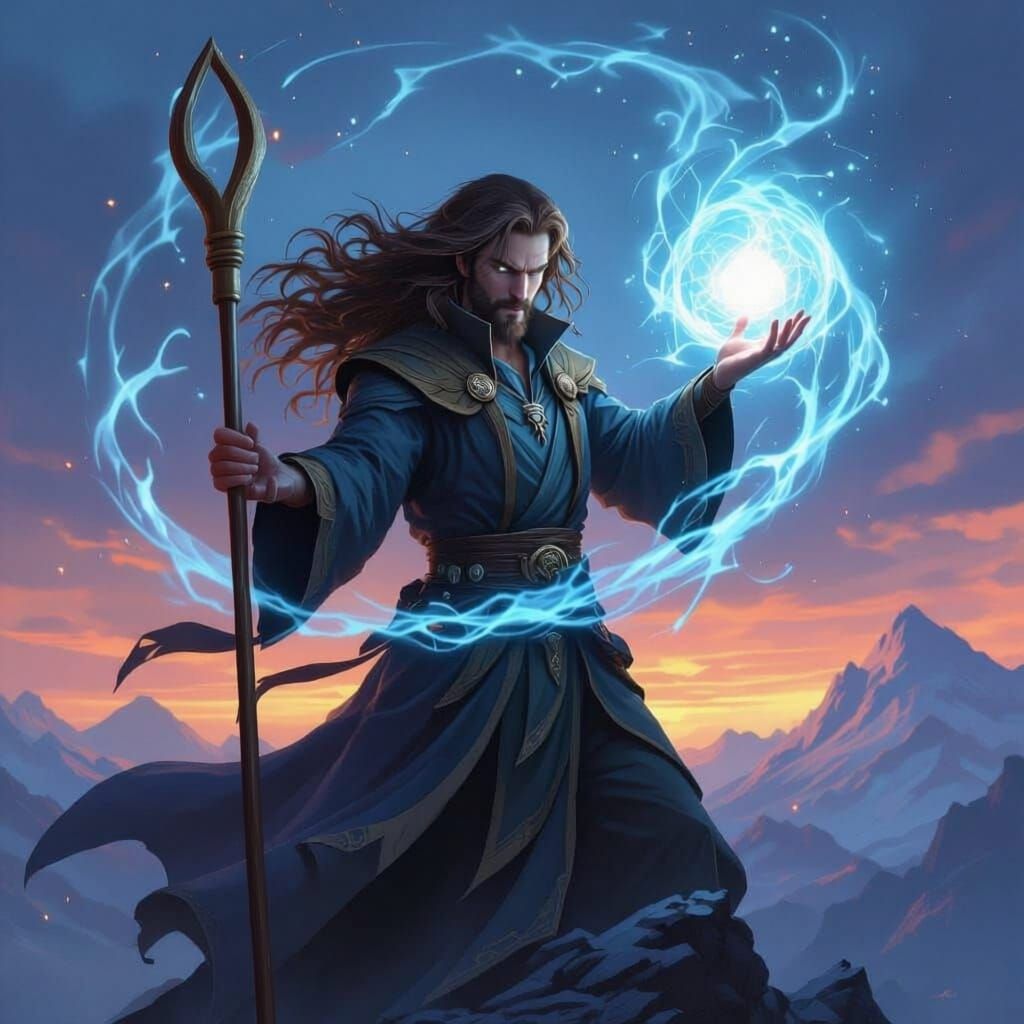 Human Wizard Casting Spell on Mountaintop at Twilight