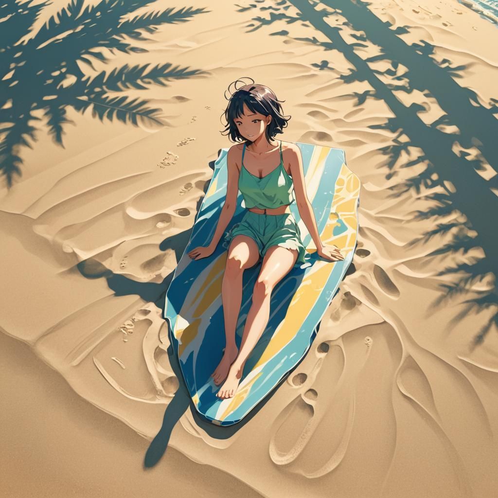 Vibrant Anime Beach Scene with Sunbather