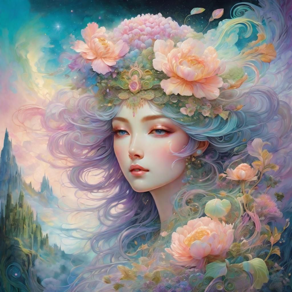 Dreamy Flower in Pastel Colors, Digital Illustration