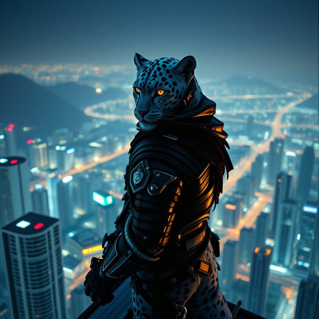 Futuristic Rio: Snow Leopard Warrior in Cyberpunk Armor