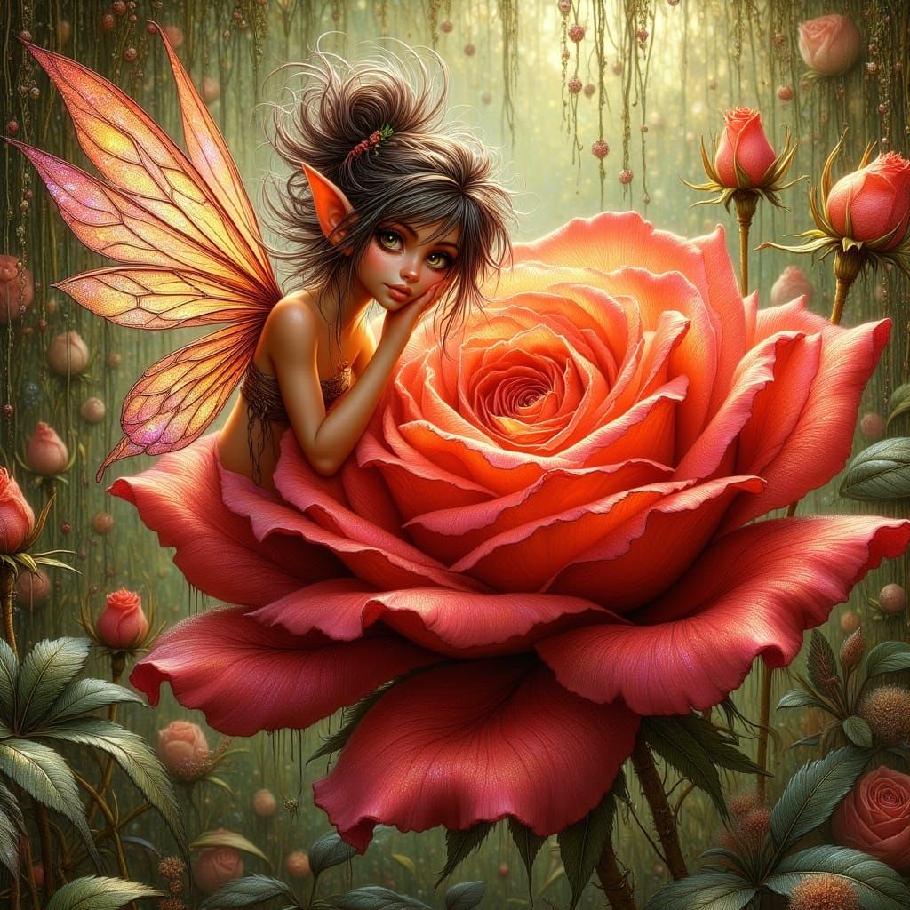 Ethereal Fairy on Red Rose in Enchanted Forest
