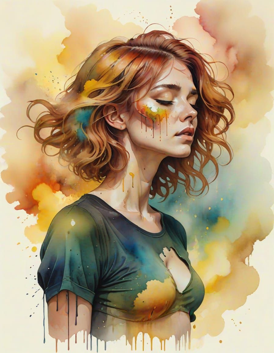 Surreal Watercolour Portrait of a Dripping Hazel-Haired Woma...