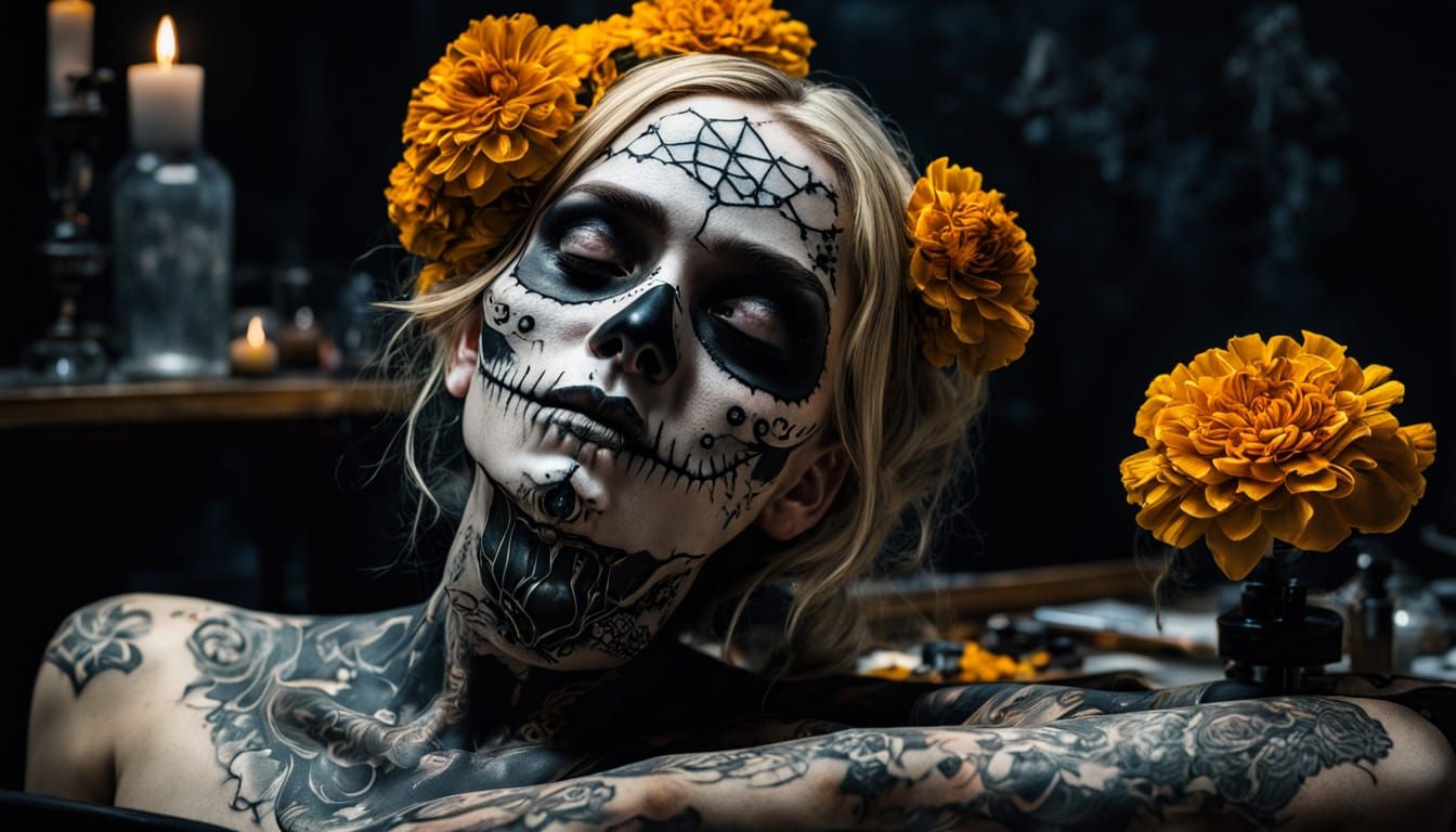 Gothic Woman with Sugar Skull Makeup on Surgical Table