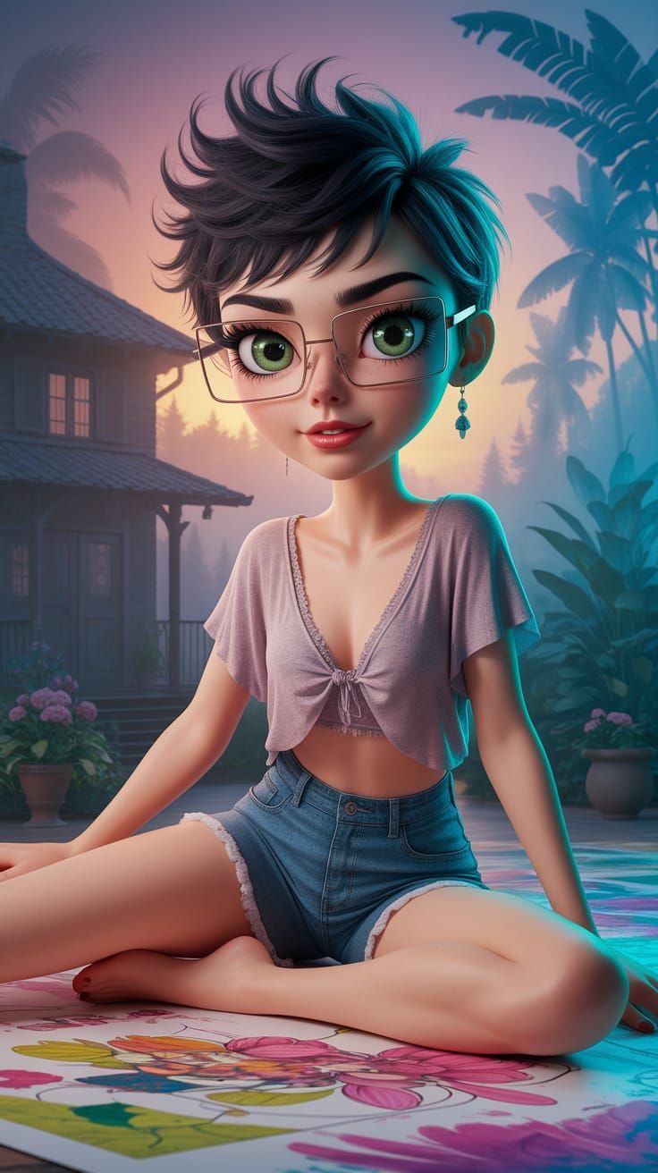 Dreamy Pop Art Woman in Tropical Garden