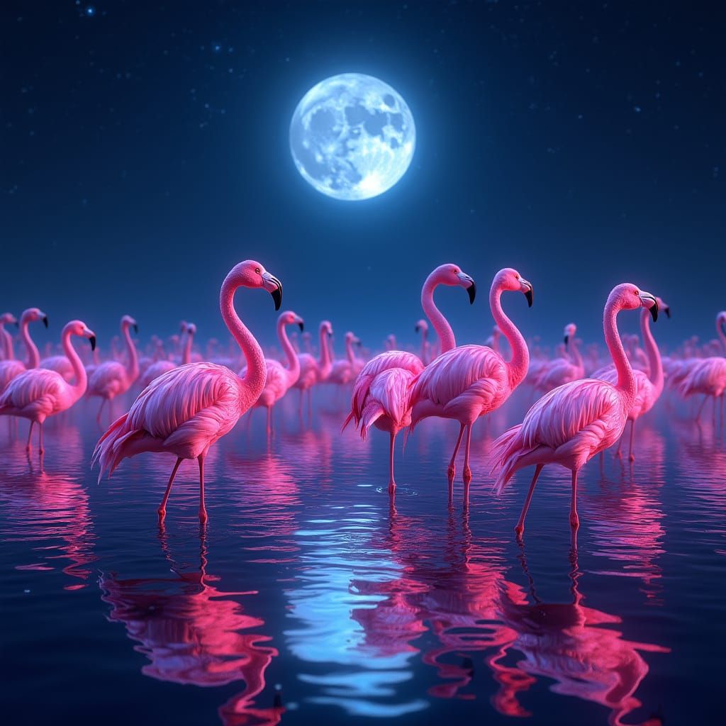 Pink Flamingos Under Ultraviolet Moonlight