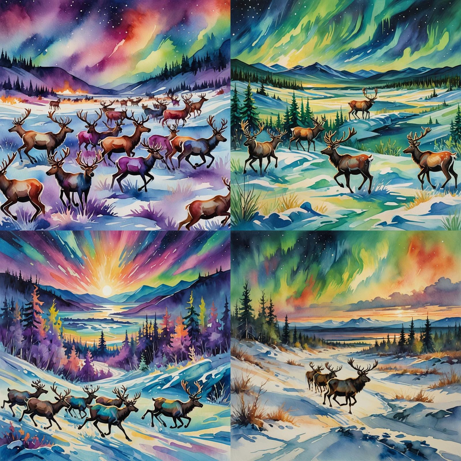 Reindeer in Frozen Wasteland Under Northern Lights