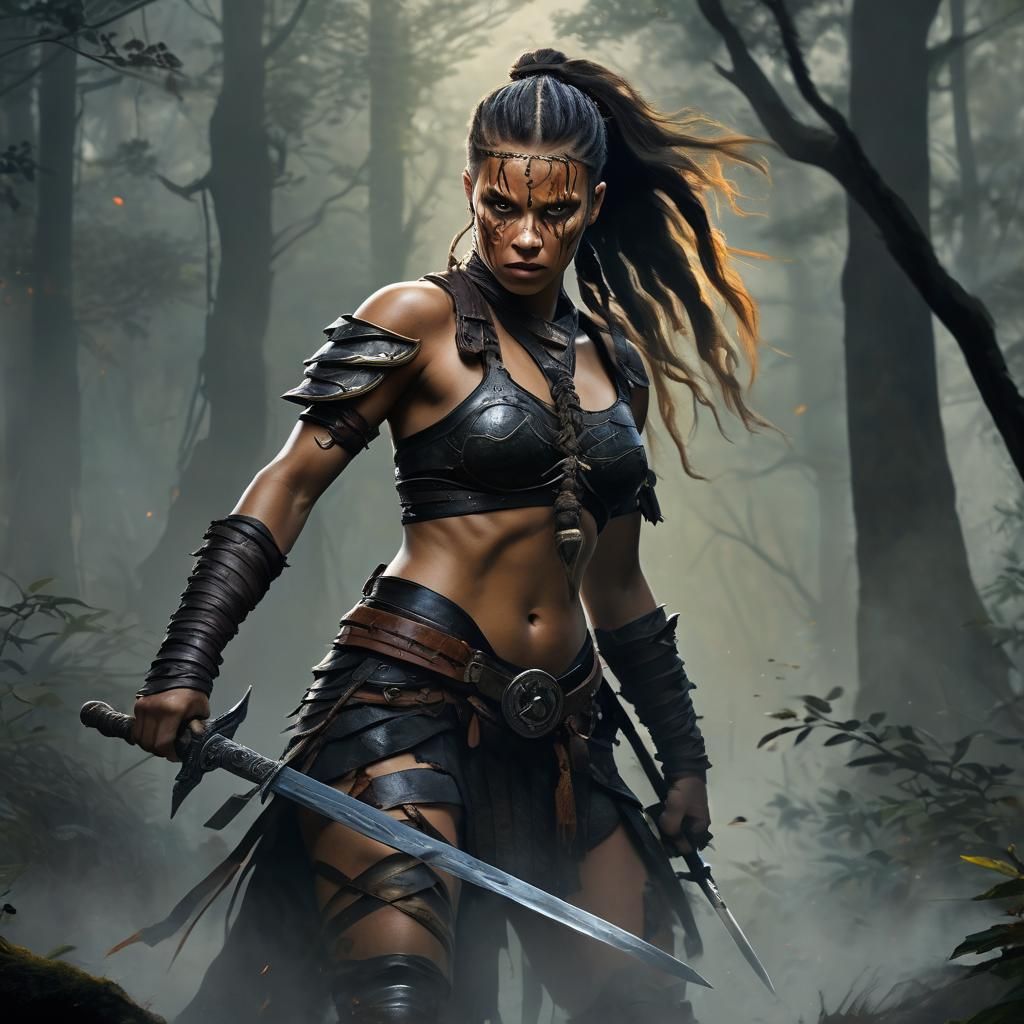 Fierce Warrior Maiden in Mystical Forest