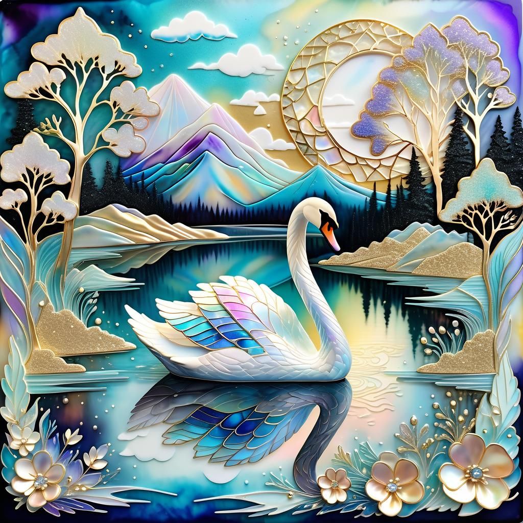 Iridescent Mother-of-Pearl Swan Lake in Fantasy Style