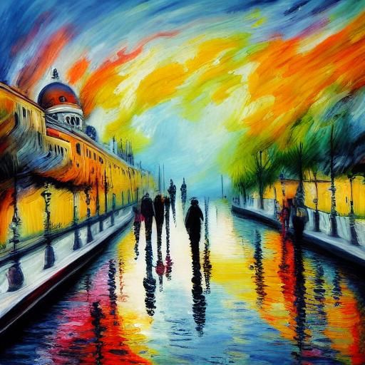 Venice Canal Sunset in Neo-Impressionist Style