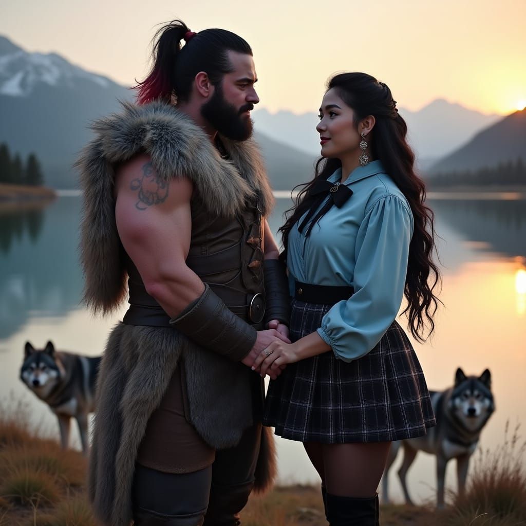 Viking Couple with Wolves at Sunset