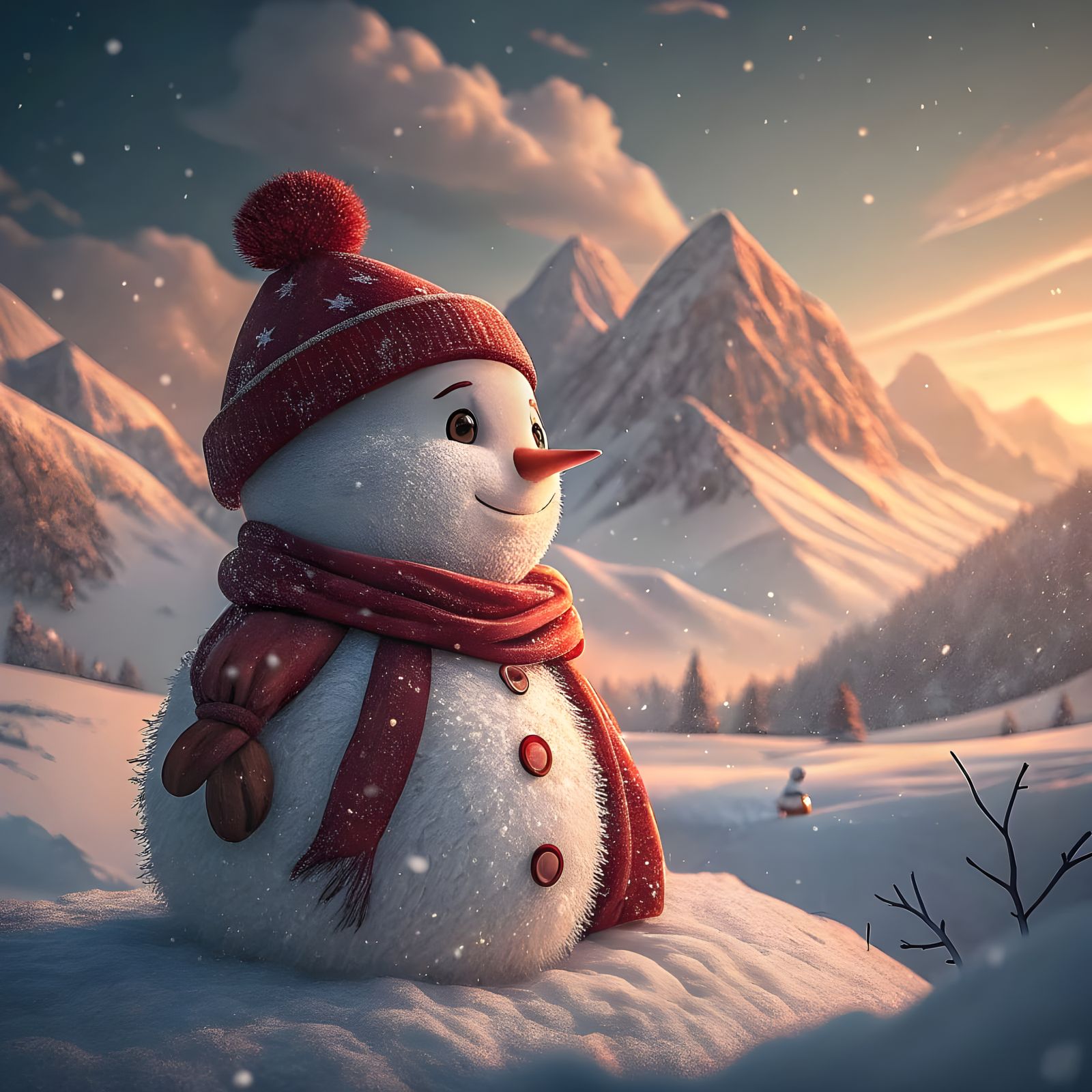 Hyperrealistic Snowman in Crimson Hat and Scarf Against Gold...