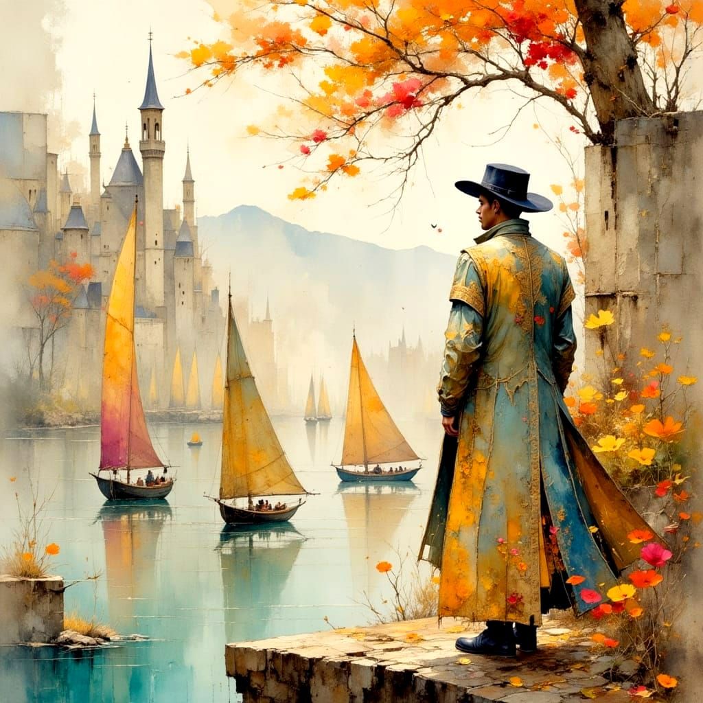 Man with Cityscape Coat Gazing at Lake, Impasto Oil Painting