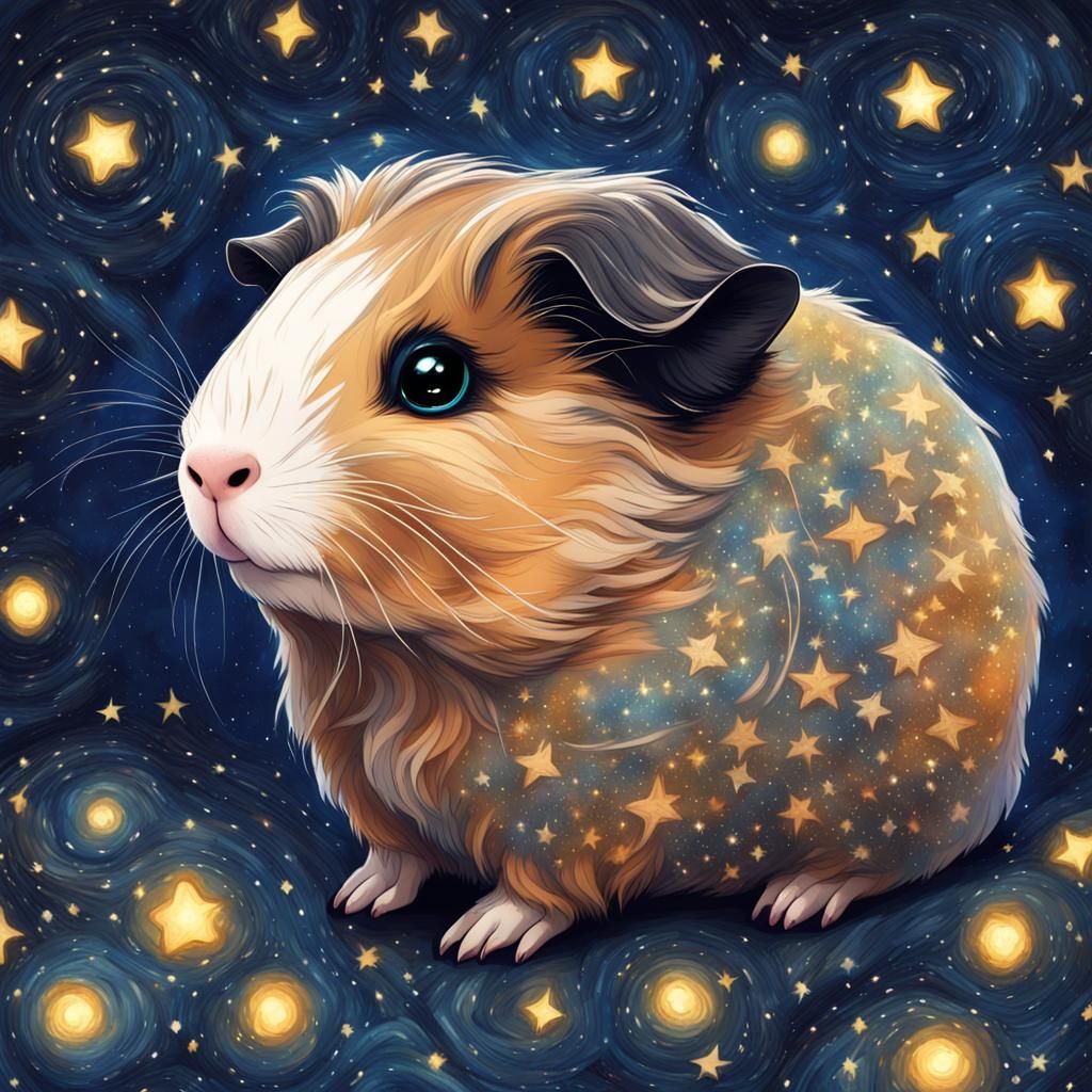 Chibi Guinea Pig in Starry Night, Van Gogh Style