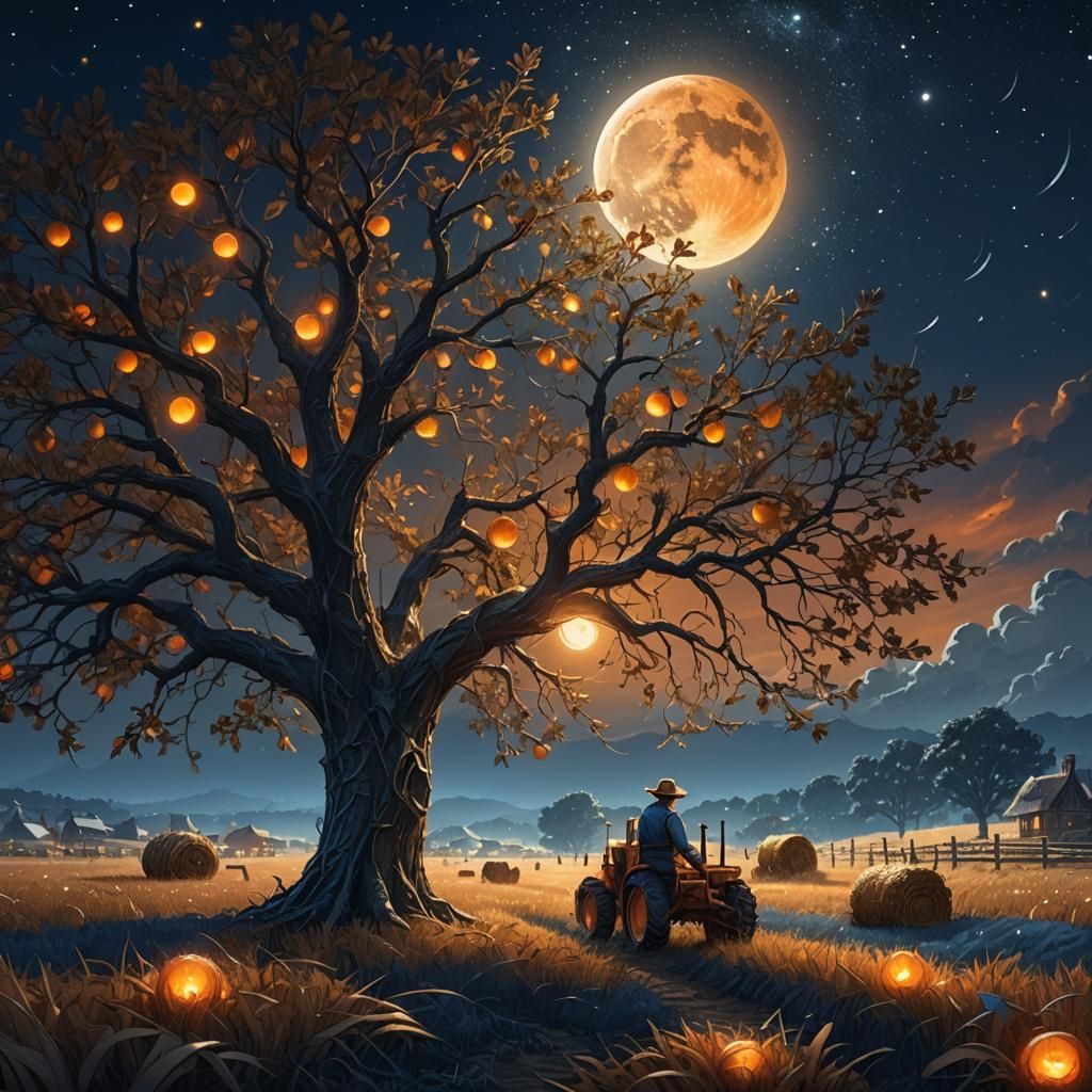 Harvest Moonlit Field: An Art Nouveau Oil Painting