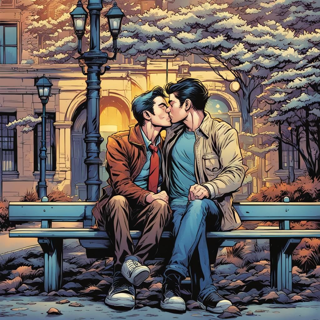 Men Kissing in Park: Comic Book Style