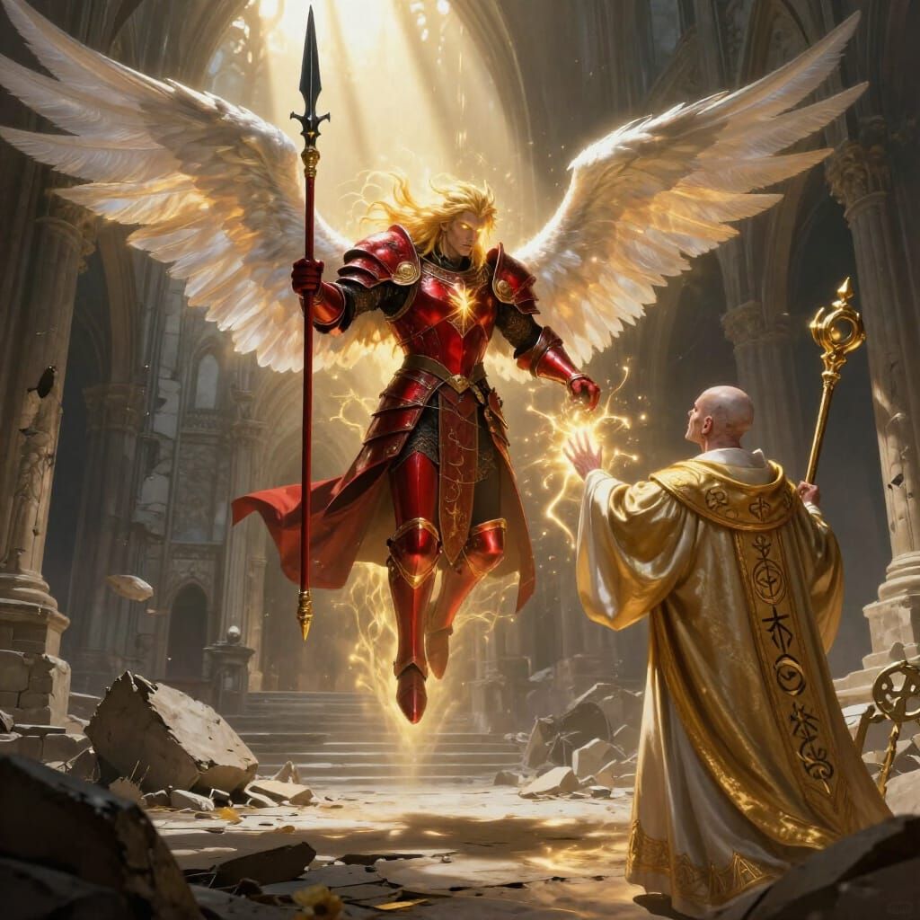 Golden Paladin Battles Acolyte in Ruined Cathedral