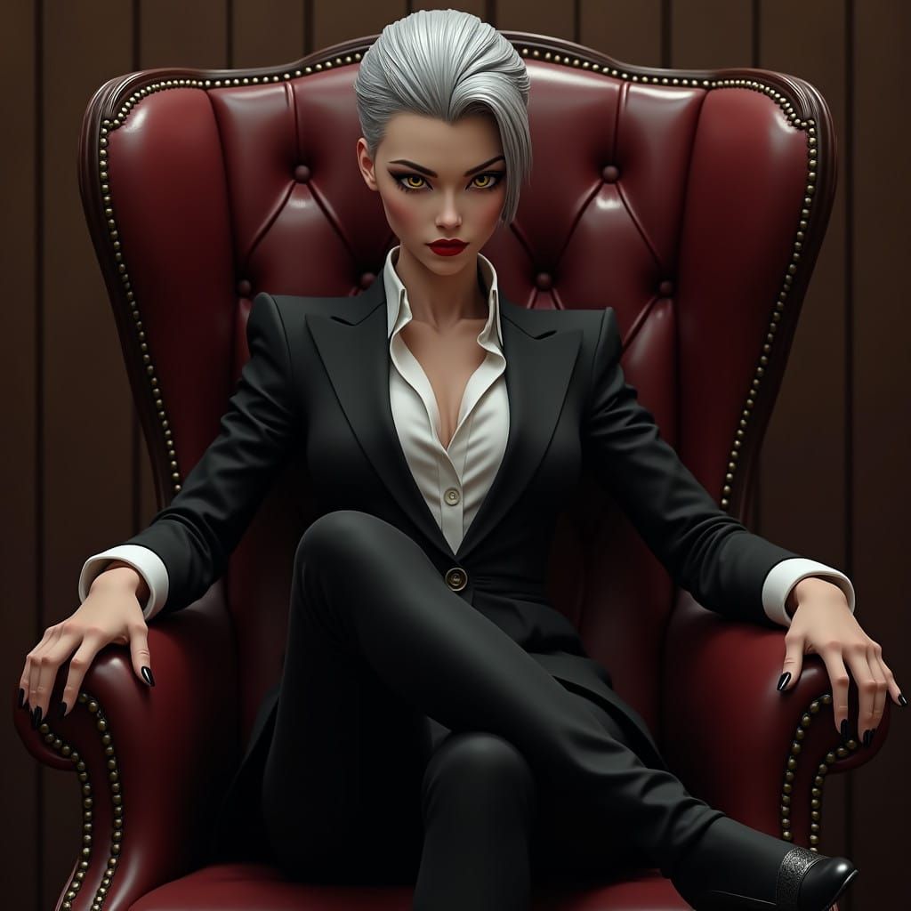 Elegantly Posing Mafia Woman in High-Fashion Anime Style