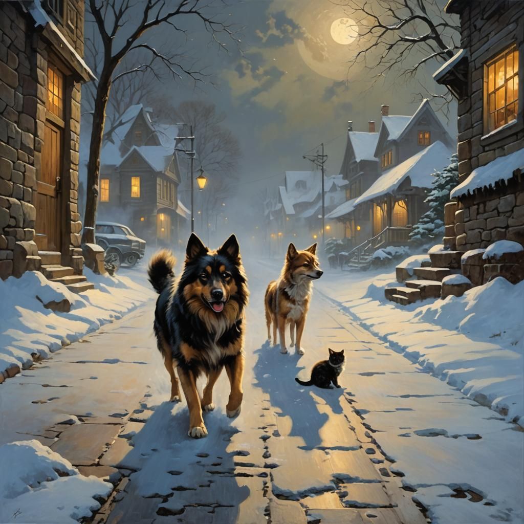 Dog Protecting Kittens in Frank Frazetta Style