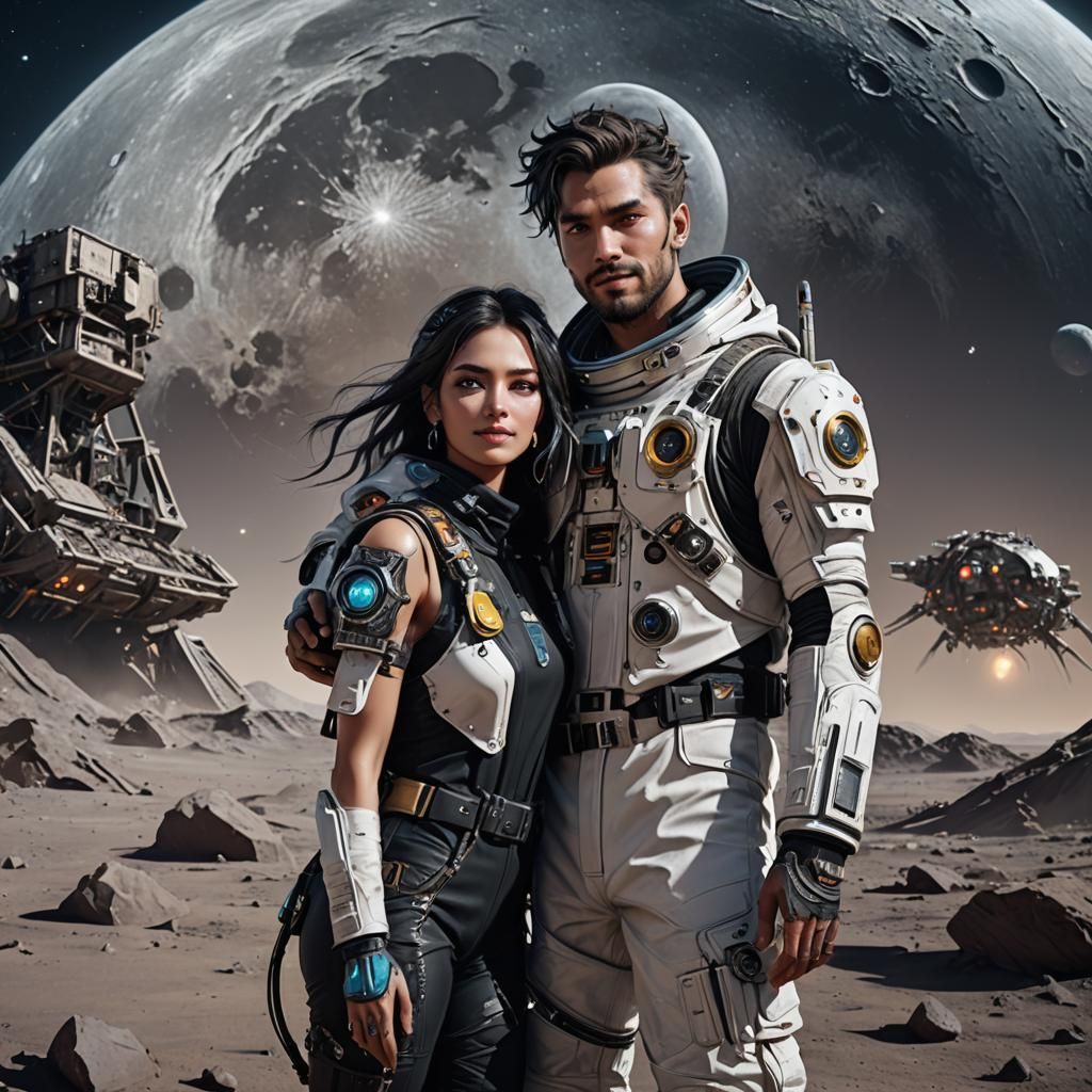 Cyberpunk Lovers on the Moon in Detailed Matte Painting