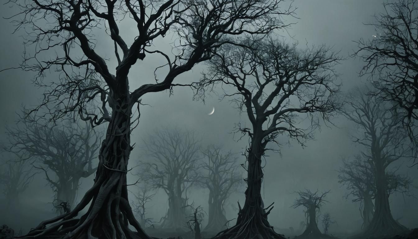 Eerie Dark Forest Landscape in Biomechanical Art Style