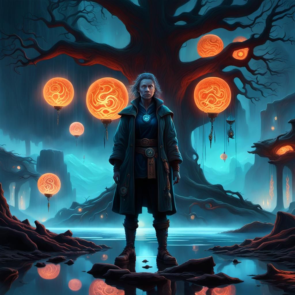 Mystical Sorceress in Ethereal Forest Landscape