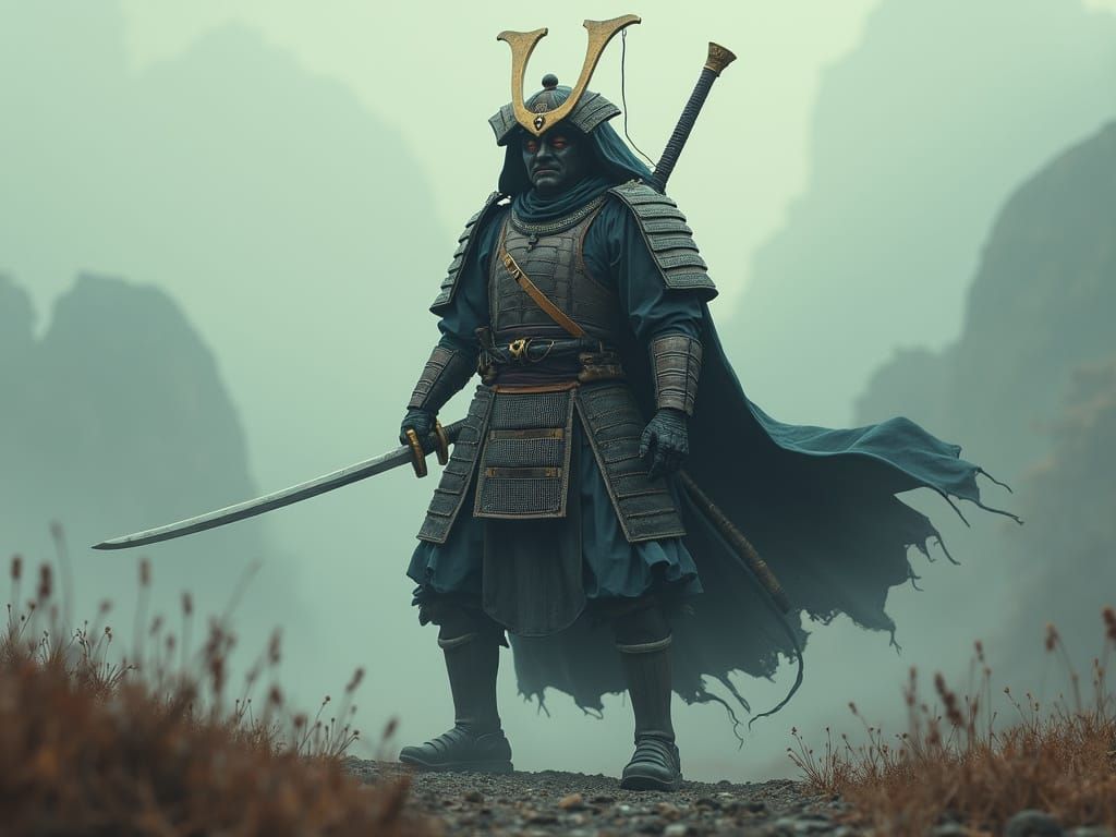 Armored Samurai in Misty Japanese Landscape